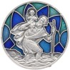 Plaque auto argentée Saint Christophe, style vitrail coloré – Ø 3 cm.