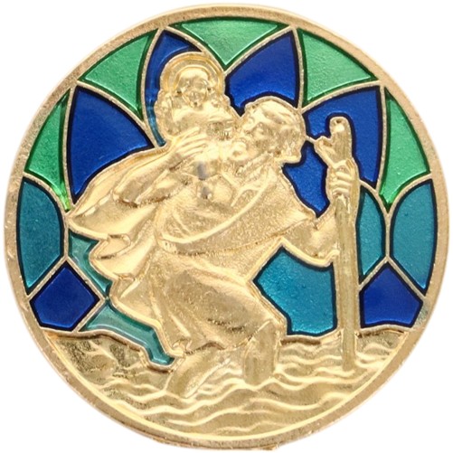 Plaque auto dorée Saint Christophe, style vitrail coloré – Ø 3 cm.