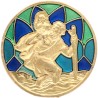 Plaque auto dorée Saint Christophe, style vitrail coloré – Ø 3 cm.