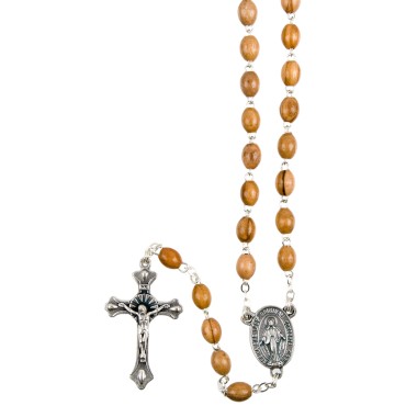 Chapelet grains en bois d'olivier, Ø 5 mm, chaine couleur argentée, longueur au cœur 33 cm, croix avec Christ.