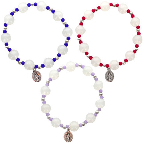 Bracelet dizainier sur elastique, grains rond Ø 10 mm avec medaille de la Vierge Miraculeuse. Existe de differentes couleurs.
