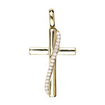 Croix de cou en plaqué or avec liseré, sertie de zirconium – H. 2,5 cm. Livrée en boîte.