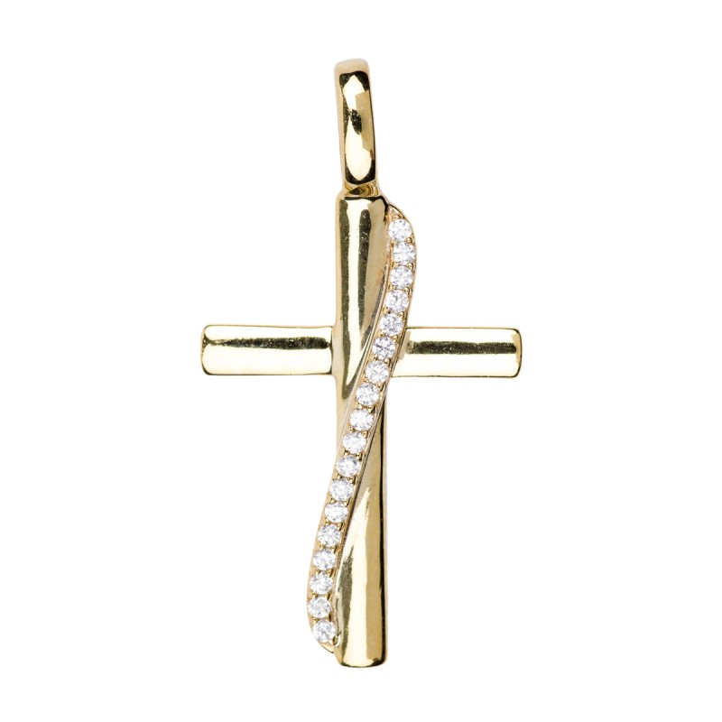 Croix de cou en plaqué or avec liseré, sertie de zirconium – H. 2,5 cm. Livrée en boîte.