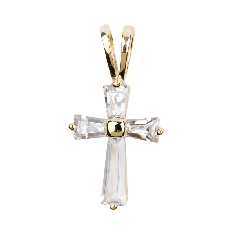 Croix de cou en plaqué or avec zirconium – H. 1,5 cm. Livrée en boîte.