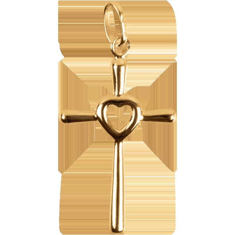 Croix de cou en plaqué or avec cœur central – H. 2,5 cm. Livrée en boîte.