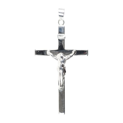 Croix de cou plate avec Christ en argent 925°/°° H. 2,7 cm (1,99 g). Livrée en boite.