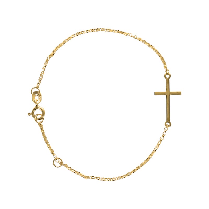Bracelet en plaqué or ajustable sur chaine 16 -18 cm avec croix 1,7 x 1 cm. Livré en boite