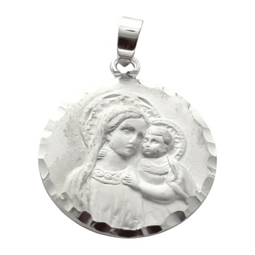 Médaille en argent 925 °/°° de la Vierge à l'enfant, bord festonné Ø 1,8 cm (2,15 g). Livrée en boite