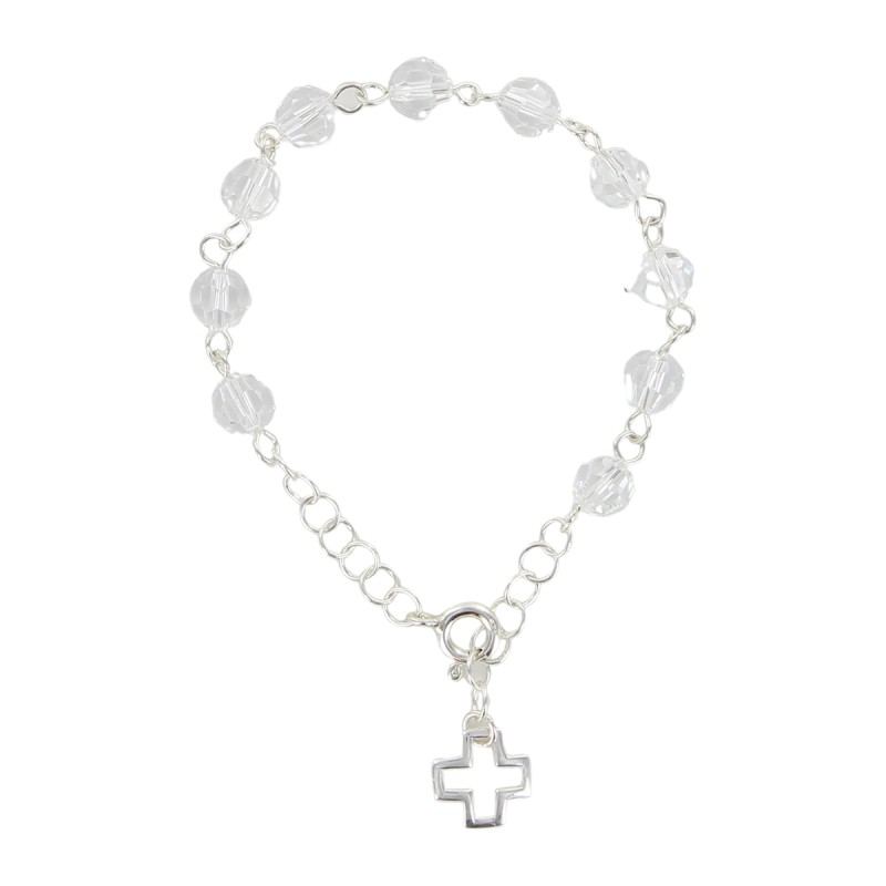 Bracelet dizainier pour enfant ajustable en argent 925 °/°° grains swarovski blancs Ø 6 mm avec croix. Livré en boite
