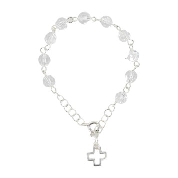 Bracelet dizainier pour enfant ajustable en argent 925 °/°° grains swarovski blancs Ø 6 mm avec croix. Livré en boite