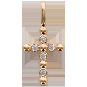 Croix de cou arrondie en plaqué or avec zirconium, H. 1.5 cm. Livrée en boite