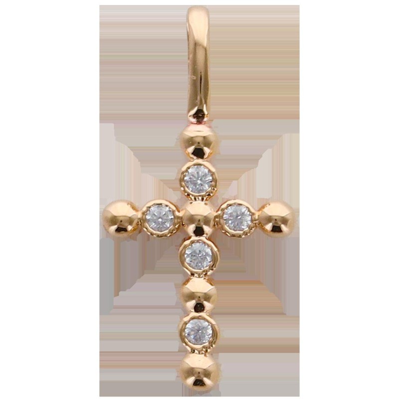 Croix de cou arrondie en plaqué or avec zirconium, H. 1.5 cm. Livrée en boite