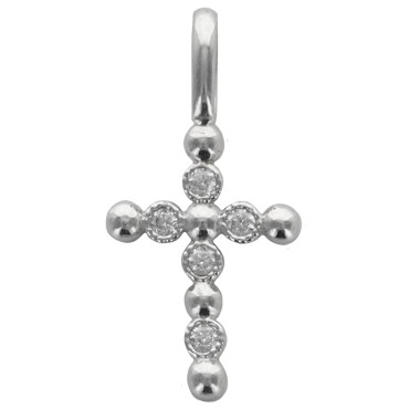 Croix de cou arrondie en argent 905 °/°° avec zirconium, H. 1.5 cm (0.85g). Livree en boite