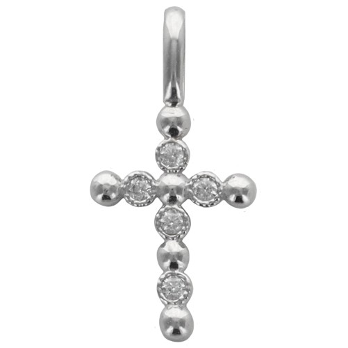Croix de cou arrondie en argent 905 °/°° avec zirconium, H. 1.5 cm (0.85g). Livree en boite