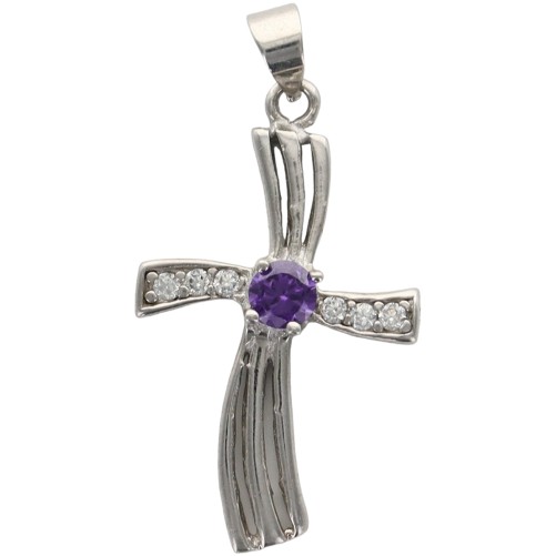 Croix de cou branches courbees ajourees centre en zirconium en argent 925 °/°° Rhodie H. 2.5 cm (1,98 g). Livree en boite.