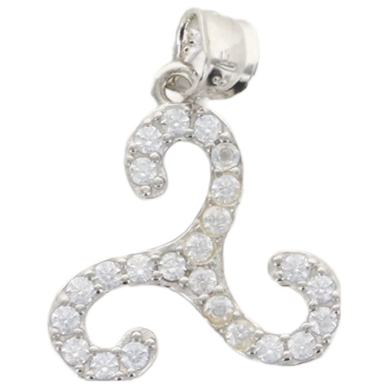 Pendentif triskel en argent 925 °/°° et zirconium (1 g). Livre en boite.