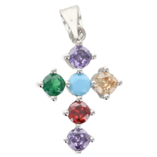 Croix de cou multicouleur en argent 925 °/°° rhodie. H 1.5 cm (1.20 g). Livree en boite.