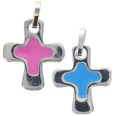 Croix de cou carree avec resine emaillee en argent 925 °/°° rhodie. H 1.5 cm (1.10 g). Differentes couleurs Livree en boite.