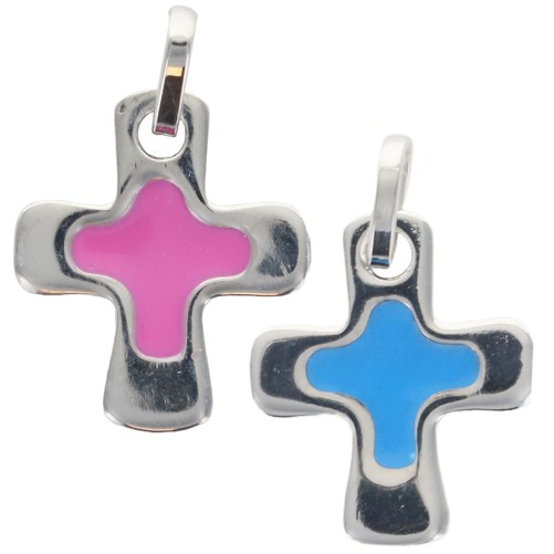 Croix de cou carree avec resine emaillee en argent 925 °/°° rhodie. H 1.5 cm (1.10 g). Differentes couleurs Livree en boite.
