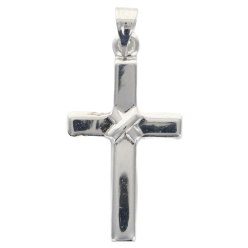 Croix de cou avec noeud au centre en argent rhodie 925 °/°°. H 2,4 cm (0.50 g). Livree en boite.