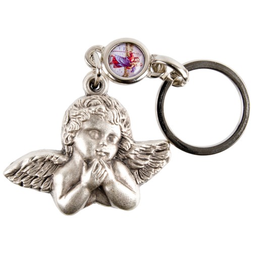 Porte-clés ange Raphaël H. 3 cm avec résine de saint Christophe.