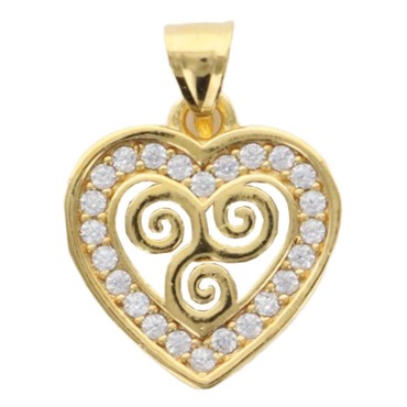 Pendentif coeur avec triskel 1.5 cm en plaqué or avec zirconium. Livré en boîte.