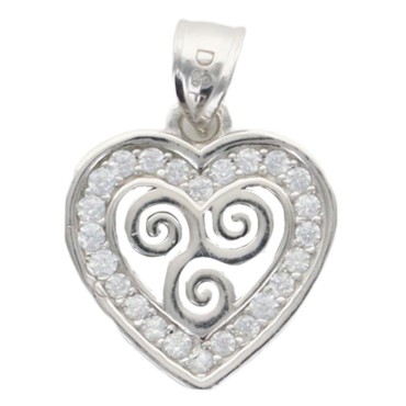 Pendentif coeur avec triskel 1,5 cm en argent 925 °/°° Rhodié avec zirconium (1.2 g). Livré en boîte.