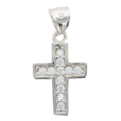 Croix de cou en argent 925 °/°° rhodie sertie de zirconium H 1.4 cm (0.60 g). Livree en boite.