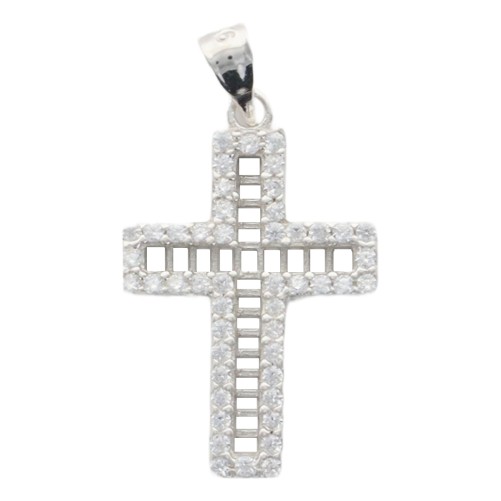 Croix de cou ajouree contour en strass, en argent 925 °/°° rhodie H 2 cm (1.4 g). Livree en boite.