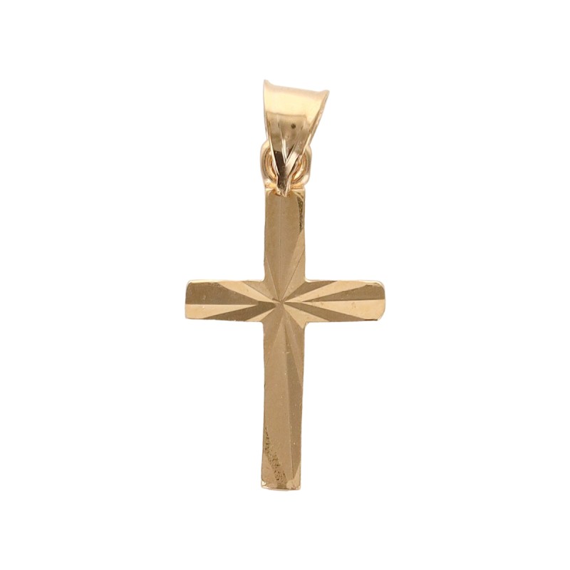 Croix de cou striee en plaque or H. 1,4 cm. Livree en boite