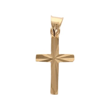 Croix de cou striee en plaque or H. 1,4 cm. Livree en boite