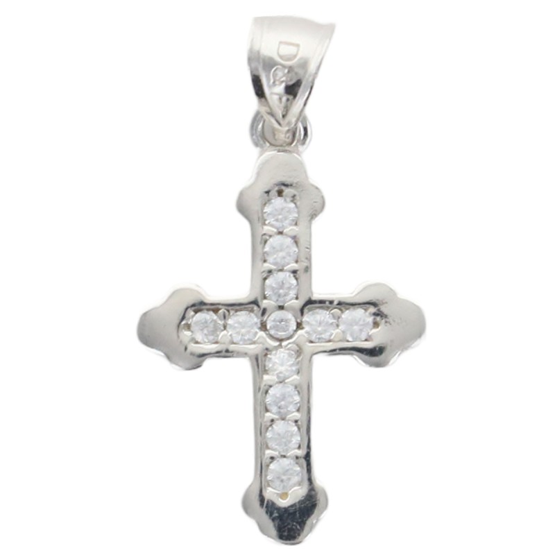 Croix de cou sertie de zirconium en argent 925 °/°° rhodie H 1.7 cm (0.7 g). Livree en boite.