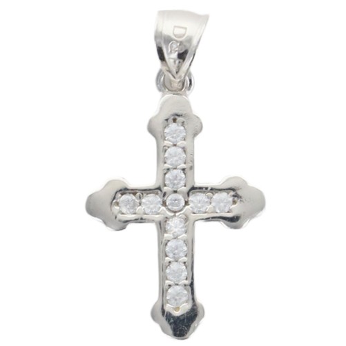 Croix de cou sertie de zirconium en argent 925 °/°° rhodie H 1.7 cm (0.7 g). Livree en boite.
