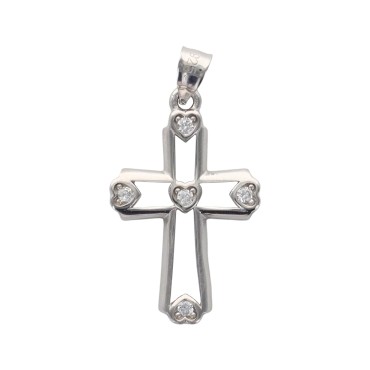 Croix de cou arrondie en argent 925 °/°° rhodie, en forme de coeur aux extremites, H 2 cm (0.7 g). Livree en boite.