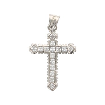 Croix de cou en argent 925 °/°° rhodie, sertie de zirconium H 2 cm (0.9 g). Livree en boite.