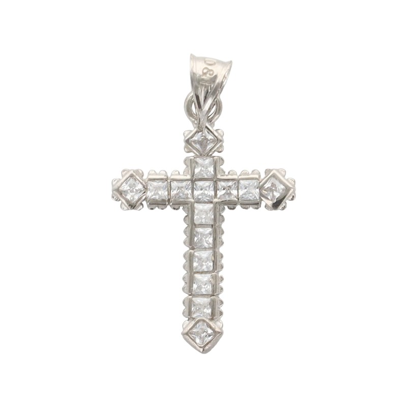 Croix de cou en argent 925 °/°° rhodie, sertie de zirconium H 2 cm (0.9 g). Livree en boite.