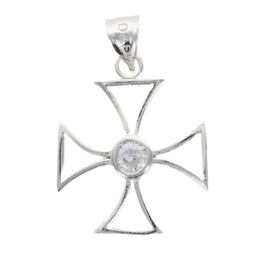 Croix de Malte en argent 925 °/°° rhodie, avec zirconium au centre H 1.8 cm (0.9 g). Livree en boite.