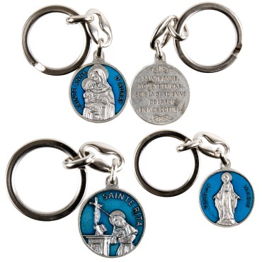 Porte-cles Ø 2.5 cm en metal couleur argentee et emaille bleu double face revers avec priere, plusieurs saints.