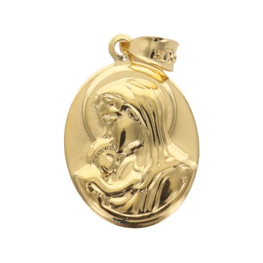 Medaille ovale en plaque or Ø 1,5 cm de la Vierge a l enfant. Livree en boite.