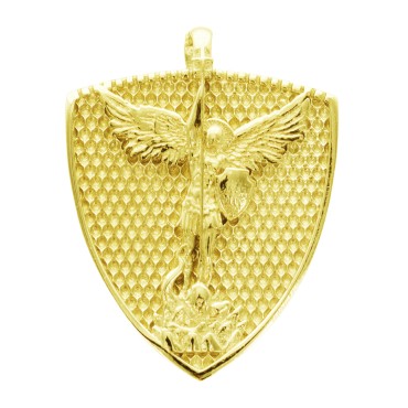Pendentif en plaque or  H. 1,7 cm de saint Michel. Livre en boite.