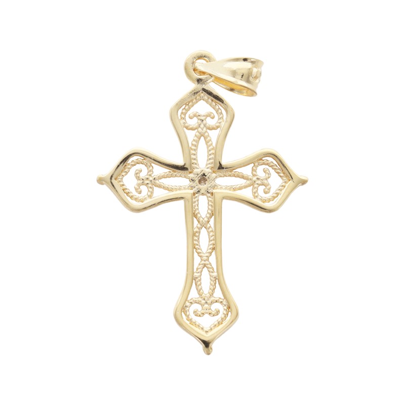 Croix en plaqué or ajourée H. 2 cm. Livrée en boite