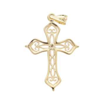 Croix en plaqué or ajourée H. 2 cm. Livrée en boite
