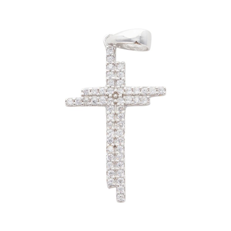 Croix double en argent 925 °/°° avec zirconium H. 2,3 cm (1,20 g). Livrée en boîte