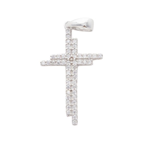 Croix double en argent 925 °/°° avec zirconium H. 2,3 cm (1,20 g). Livrée en boîte
