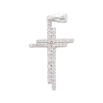 Croix double en argent 925 °/°° avec zirconium H. 2,3 cm (1,20 g). Livrée en boîte