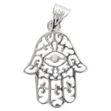 Pendentif Main de Fatima en argent 925 °/°° rhodie H. 1.7 cm (0.8 g). Livre en boite.