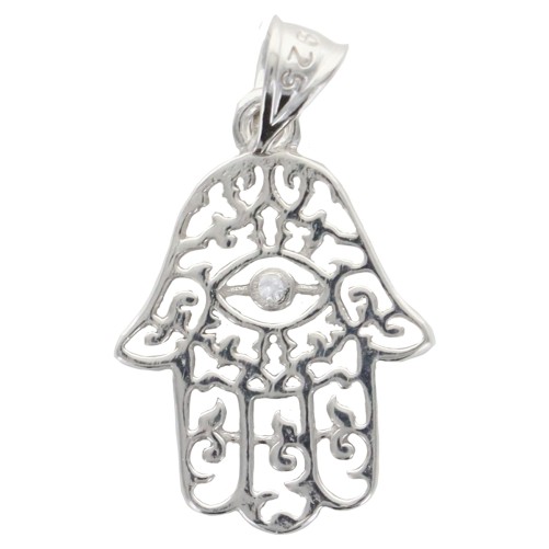 Pendentif Main de Fatima en argent 925 °/°° rhodie H. 1.7 cm (0.8 g). Livre en boite.