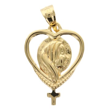 Pendentif ajoure forme coeur avec Vierge et croix en plaque or H. 1,5 cm. Livre en boite.