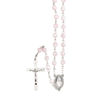 Chapelet grains transparents marbres, Ø 7 mm, chaine couleur argentee, longueur au cœur 34 cm, croix avec Christ.