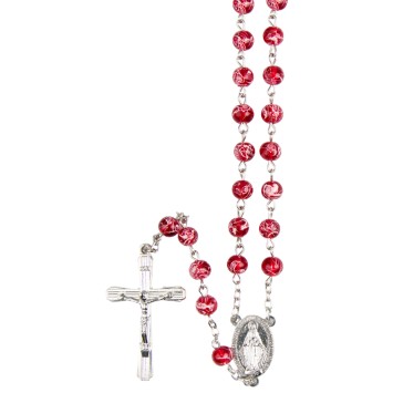 Chapelet grains transparents marbres, Ø 7 mm, chaine couleur argentee, longueur au cœur 34 cm, croix avec Christ.